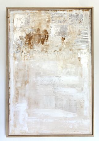 earthy minimalist neutral and white abstract painting with oak frame