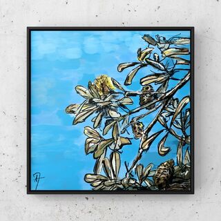 Illustrated and painted tree with yellow banksia flowers and seed pods on a bright blue sky background.