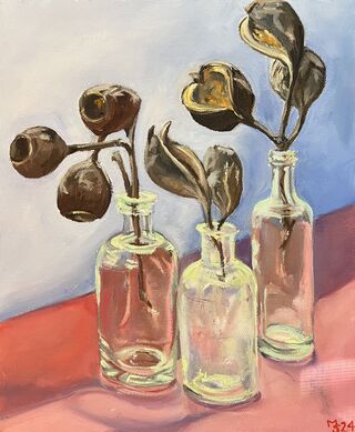 Three glass bottles, containing seed pods, beside a light source.