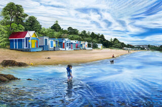 This painting aims to depict the beauty and tranquility of the Mornington beaches in Victoria, Australia. It has depicts a small child walking through the water set against the bright beach houses and long beach.  It also depicts a mother and child playing in the sand in the distance.  It aims to capture the serenity and beauty of the area.