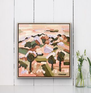 Mini sized framed canvas with a textured landscape scene in earthy tones, orange, green, brown and lilac abstract hills, trees and foliage shapes chunky paint with visible big brushstrokes.