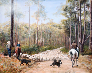 Tree drovers and a group of working dogs droving a flock of sheep down a sandy road between tall gumtrees.