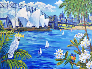 Australian landscape with Sydney Opera House, cockatoo and rainbow lorikeets original painting by Irina Redine. 