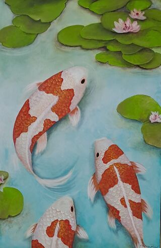 3 red and white koi fish swimming in a pond with water lilies