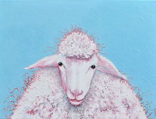 Painting portrait of a woolly white sheep on a sky blue background.