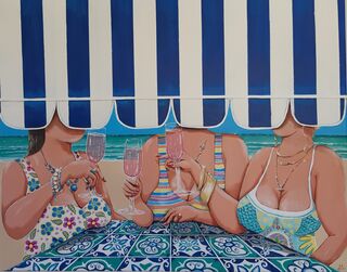 Three women sheltered under a striped blue awning, drinking pink champagne