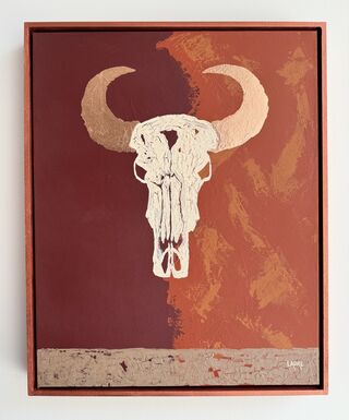 Outback Skull is an mixed media painting acrylic and copper leaf on canvas.
This artwork comes with an external frame  tainted with copper burnished colour.
The skull bull is made with acrylic and the horns are made with copper leaf .
Ready to hang with D rings . Varnished.
This painting was fun to create !
Each painting is provided with a certificate of authenticity. 
Packaged securely in thick walled cartons using protective layering .