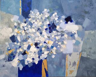 This is an original textured abstract oil painting by Tania FitzGerald. The painting features abstract and geometric shapes in various shades of blue and gold detail.