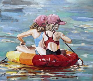 Two girls in pink hats row a brightly striped inflatable dinghy. Overhead sunlight cast sparkles on the water.