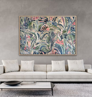 A painting with a wild botanical and floral theme, in a semi abstract contemporary style.  