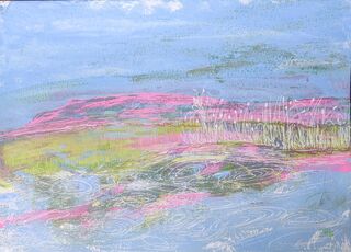 An abstracted multi coloured landscape with fine line details of water ripples and topography highlights.