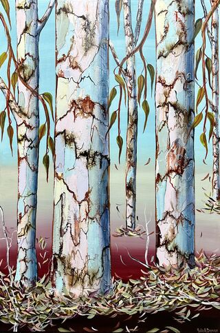 Several colourful gum tree trunks with some leaf litter and twigs a deep brown blending into a lovely deep maroon fading upward on the  base to a light blue sky