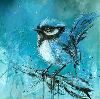 Beautiful blue fairy wren painting by Sydney artist Leni Kae