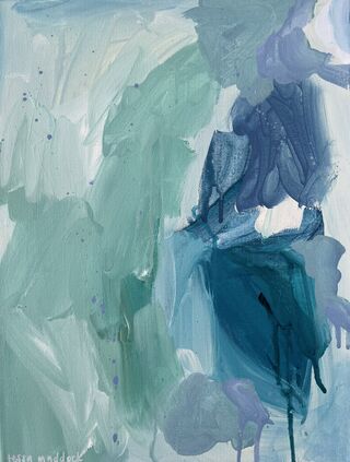 Varying shades of soft pale greens and deep turquoise expressively pieced together with drips and splatters