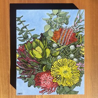 A bouquet of Australian flowers and leaves, including Banksia, as well as  non-native nodding pincushion flowers, against a pale blue background   