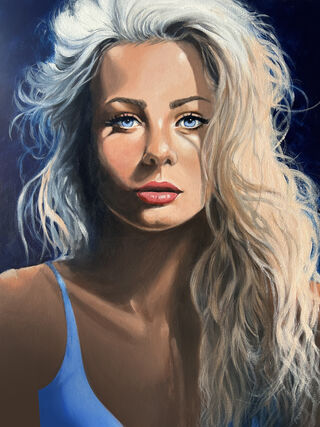 A portrait of a  beautiful Blonde with wild hair that catches colourful  highlights against a dark blue background. 