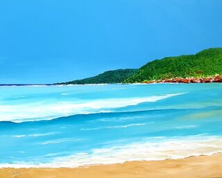 The beautiful tranquil blue ocean gently caresses the soft sand , in perfect harmony with the distance bushland. 