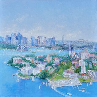 A thickly textured impressionist oil painting of Sydney Harbour skyline, sail boats, Sydney Harbour Bridge and the Sydney Opera House. The view is from Kurraba Point in Neutral Harbour.