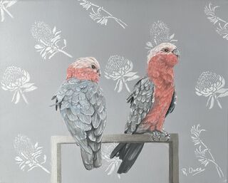 Two Galahs sitting on a metal  bar with a mauve grey background  and modern printed floral pattern background.