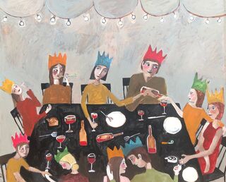 The painting depicts a group of people sitting around a table at a party. There are wine bottles and glasses. Everyone is wearing a party hat. 