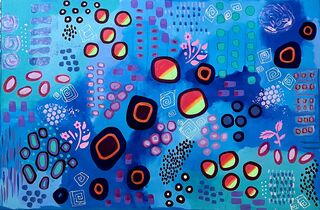 A bright and luminous abstract with various shapes and pink leaf stencils. The shapes have a life of their own and appear to be moving round the canvas . This is a joyous piece with lots of interest. I am happy with it.
it is glazed and ready to hang.