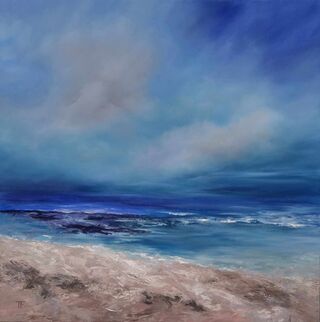 Original abstract oil painting by Tania FitzGerald. It depicts a beach scene before the storm. Yet, it's come and tranquil. 