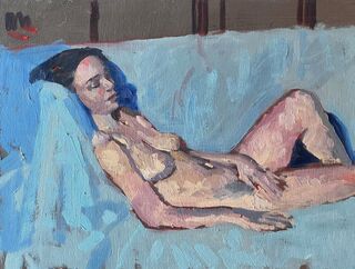 This painting of a young female nude reclining on a couch and was painted from life with oils on a wooden panel