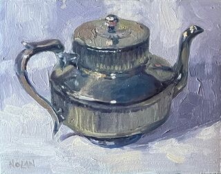 This is an oil painting of an ornate silver teapot sitting on a white cloth, casting a shadow to the right.