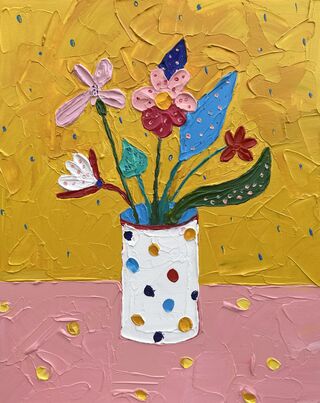 Matisse style still life flowers in a polka dot vase on yellow table