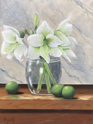 Beautiful white lillies  set on a wooden table with a marble look background.