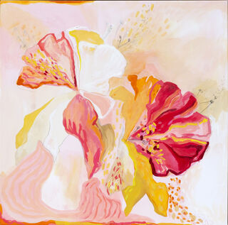 Frilly deep pinky red and white flowers with an abstract apricot and ochre background. 