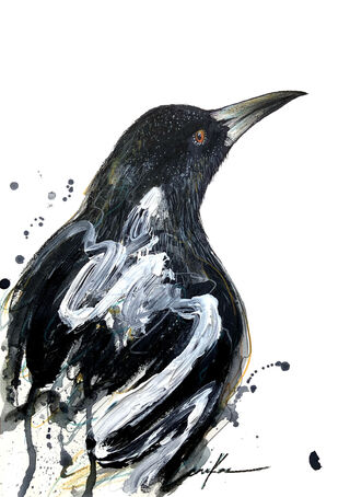 A mixed media artwork of an Australian Magpie, by Sydney artist Leni Kae from her “Animal Spirit” series. 