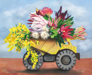 A Tonka truck laden with native flowers.