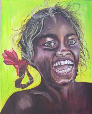 Free Spirit is a young aboriginal girl perhaps jumping into a billabong with a look of delight on her face a huge smile with hair flailing and plait tied with a  red ribbon.