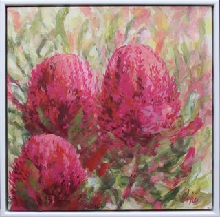 Three Pink Banksia Flowers in Olive Green Foliage