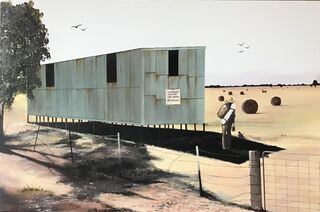 An old oblong shed on the outskirts of Katunga, the swaggie and his dog are staying the night.