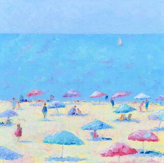 A thickly textured impressionist beach painting with colourful umbrellas, a turquoise ocean and people swimming and strolling.