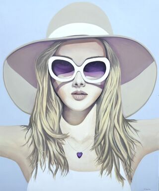 Portrait of a beautiful lady in a cream hat wearing sunglasses with pink/purple lenses that reflect on her face. She is outdoors in the sun with her hat casting shadows and the blue sky behind her.