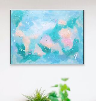 Soft pastel colours of blue, pink, green, and white is a peaceful, expressionist artwork.