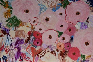 Original painting pink flowers framed in blackwood timber ready to hang