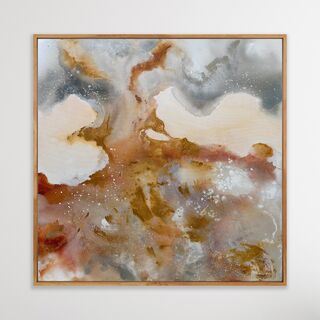 Fluid artwork featuring swirls of pewter, ochre and gold 