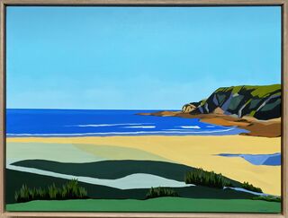 View of the sand, ocean and rocky point at Potato Point beach, under blue skies.