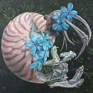 A Nautilus shell with a strange cobination of bones and flowers on a dark green background with Art Nouveau patterns of flowers