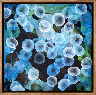 Abstract painting with dots and organic forms reminiscent of science, the sea or underwater. Colourful blues with many layers of colour and floating forms. Photographic lights, like bokeh. A unique mixing of original abstract art with microbiology and science. Ocean art. Cellular images. Jelly fish forms. Calming and peaceful. paint drips in background.