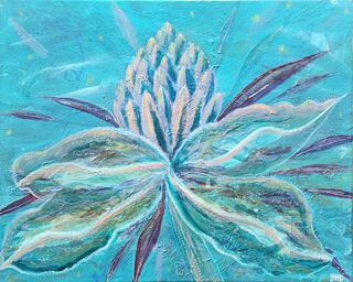 A large flower in the centre of the canvas. Teal and aqua blues combine in the background like a summer sky or a crisp winter garden.
The flower itself is made up of many colours but the strong ones are tones of blush pinks, creams, greens and burgundy.