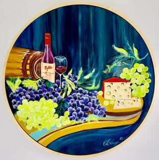 This painting a culinary of still life on a round canvas 
The back ground is a mixture of deep ocean green beige, white and yellow oxide with cool blue , aqua green, raw sienna, burnt umber ‘ it has is red labeled  Penfolds Australian wine  and burgundy coloured bottle as it is red wine bottle with a cream label 
The Swiss cheese is very yummy and just enjoying to the taste ‘sip and relax in this atmospheric painting 
A succulent botanical painting ‘ ideal for the dinning or kitchen area open plan living , games room ‘ outdoor area pool area 
A modern touch to that deserving buyer a luscious green and purple pallet with a rich dark highlighted back ground ,it is framed with a round timber frame attached 
And wire on back ready to hang 
It is varnished to protect against dust or water or ultraviolet light ‘ easy cleaning 
A cool painting for your delight 
Acrylic paint and liquid flow paint 
Comes with a certificate Of Authenticity 
