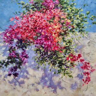 Contemporary impressionist floral painting by Tania FitzGerald featuring vibrant bougainvillea against a serene light blue sky and beige fence with the purple shadow throughout. This expressive artwork showcases a lively colour palette with vivid hues, capturing the essence of nature's beauty. The dynamic composition and energetic strokes evoke a sense of movement, while the contrast between the bright flowers and the calming blue adds depth and tranquility. 
