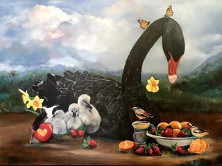 Swan and goslings in a landscape with bowl of fruit. 