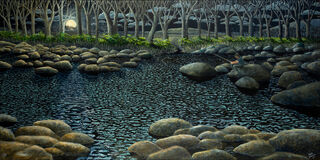 Figure sitting on a rock fishing at nigh time, illuminated only by the full moon as the moon's light is reflected in small ripples in the water.  A line of trees are silhouetted on the bank of the river.