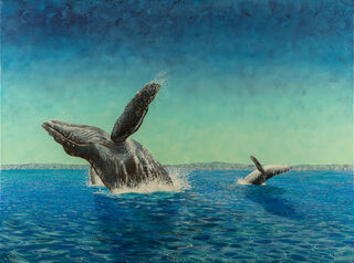 Whales breaching in crystal blue water against a cloudless sky.  Sky. water and distant island are rendered in swirl patterns suggesting South Pacific cultural motif.